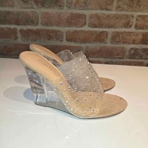 Shoe Dazzle Clear and Tan Studded Wedges